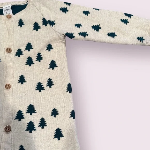 Carter's Baby Cream Knit Sweater Romper with Christmas Tree Print Size 9 Months - Picture 5 of 8